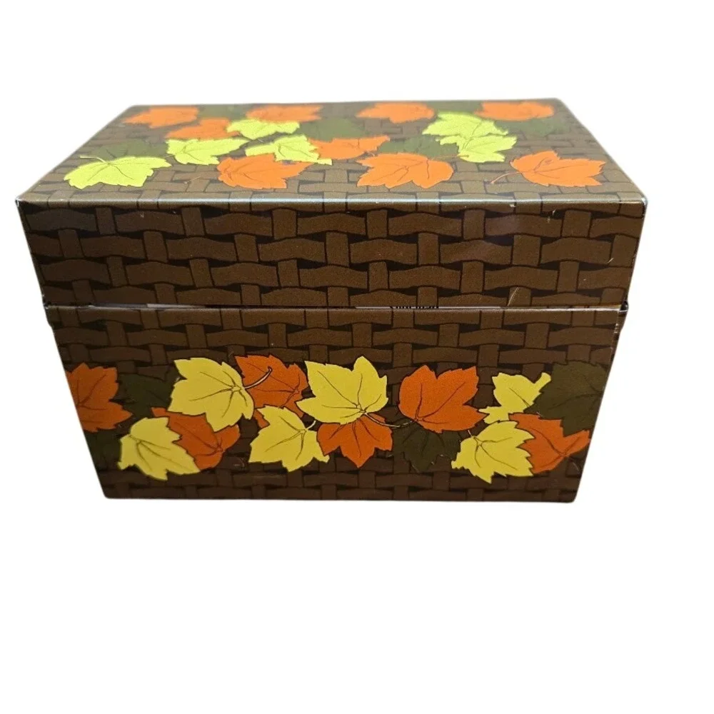 VTG Autumn Thanksgiving‎ Tin Recipe Box Syndicate Mfg Fall Leaves MCM